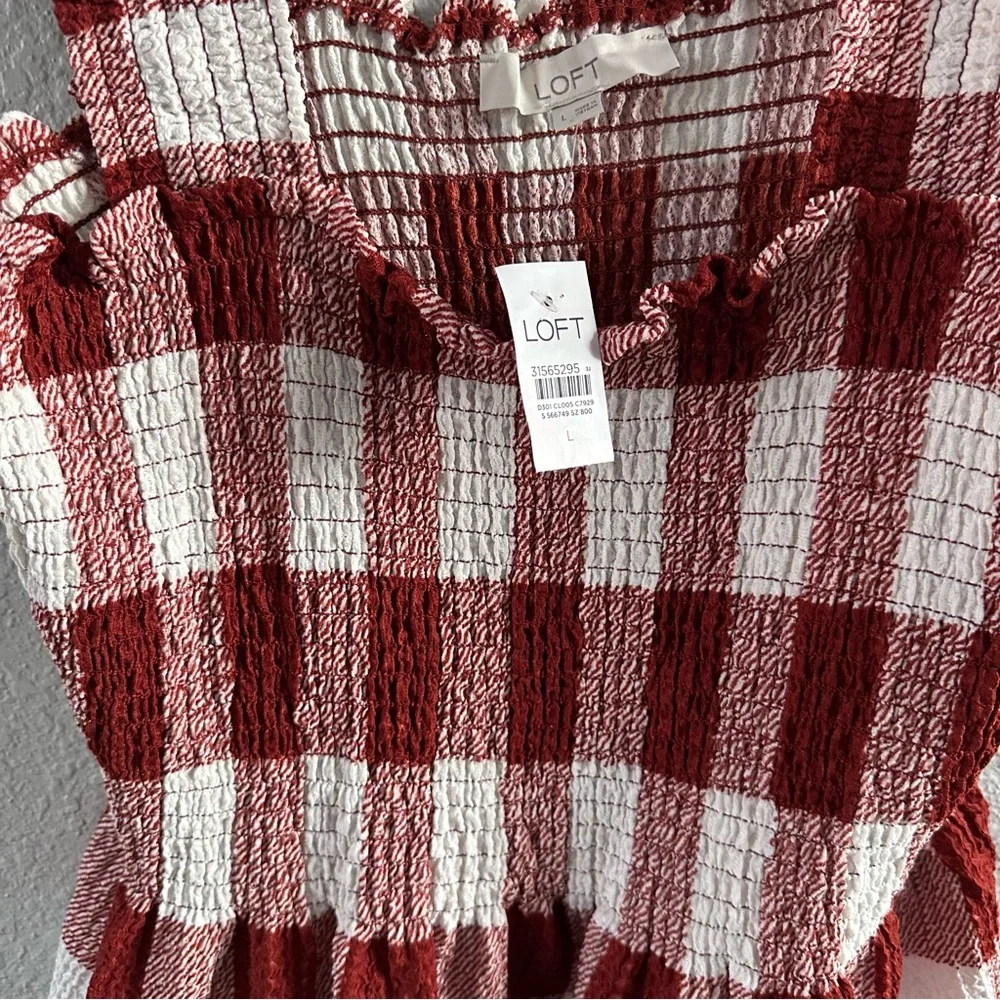 LOFT Burgundy Red & White Gingham Smocked Peplum Tank Top NWT Size L - Picture 2 of 9